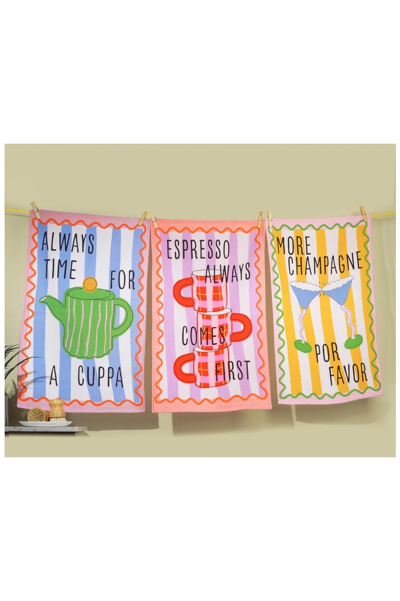 Set of Three Convivial Beverage Kitchen Towels, Alternate, color, PRIMARY POP MULTI