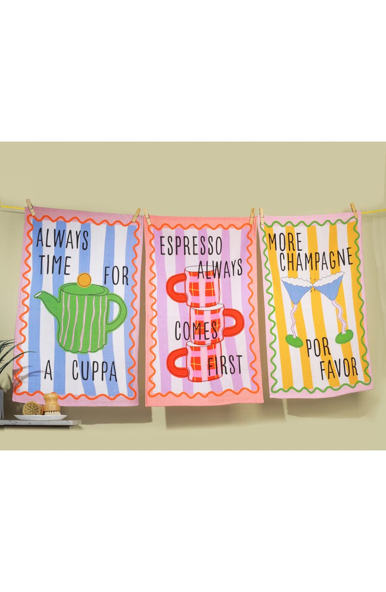 Tiramisu Set of Three Convivial Beverage Kitchen Towels, Alternate, color, Primary Pop Multi