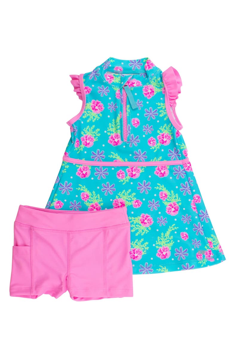 RuffleButts UPF50 Sleeveless Zip Ruffle Sleeve Active Dress, Main, color, Neon Happy Hibiscus