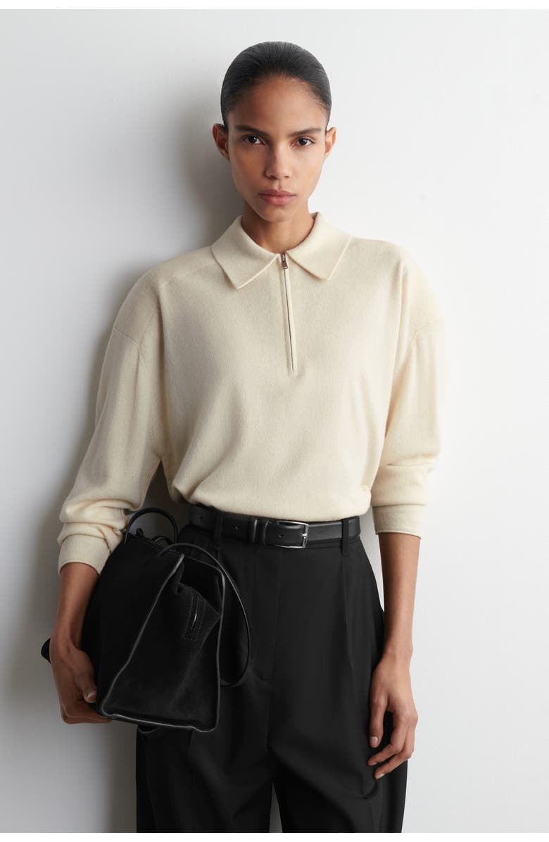 COS Merino Wool-Yak Zip-Up Polo Shirt, Main, color, White