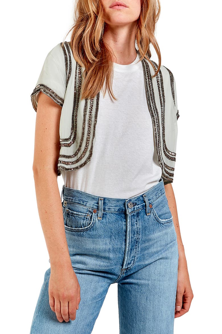 Kiki Beaded Crop Silk Jacket, Main, color, SAGE GREEN