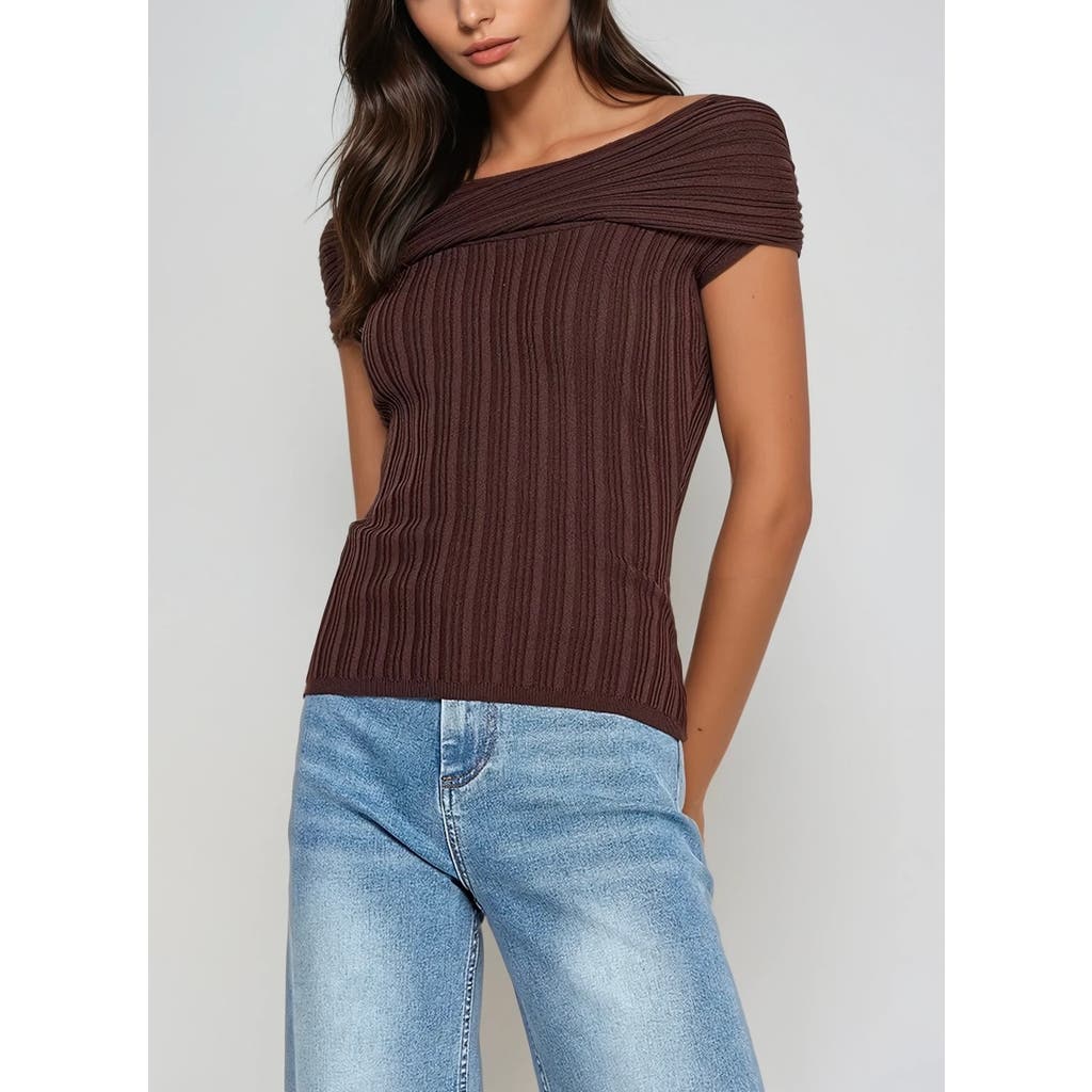 Sisterly Amélie Off-shoulder Ribbed Contour Top In Brown