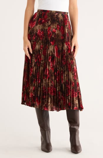 L'agence Fernanda Floral Pleated Midi Skirt In Brown