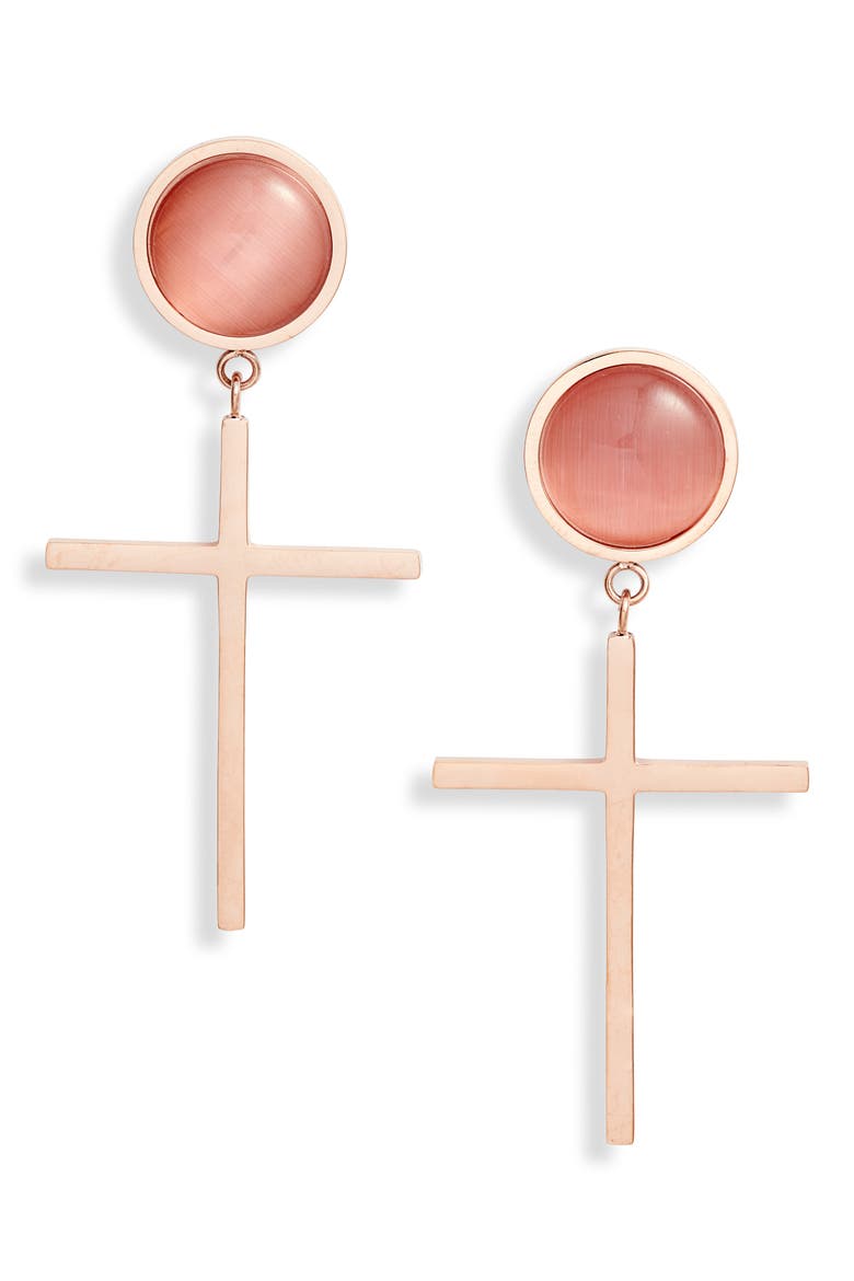 Semiprecious Stone Cross Earrings, Main, color, ROSE GOLD/ROSE