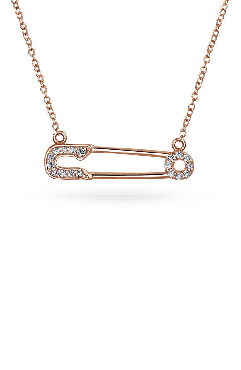 BLING JEWELRY Support Refugees Safety Pin CZ Pendant Necklace, Main, color, Pink