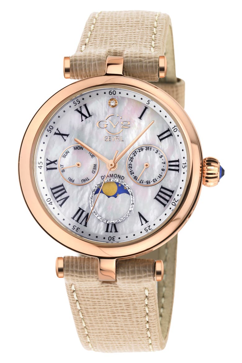 Florence Mother of Pearl Dial Diamond Leather Strap Watch, 36mm - 0.009ct., Main, color, BEIGE