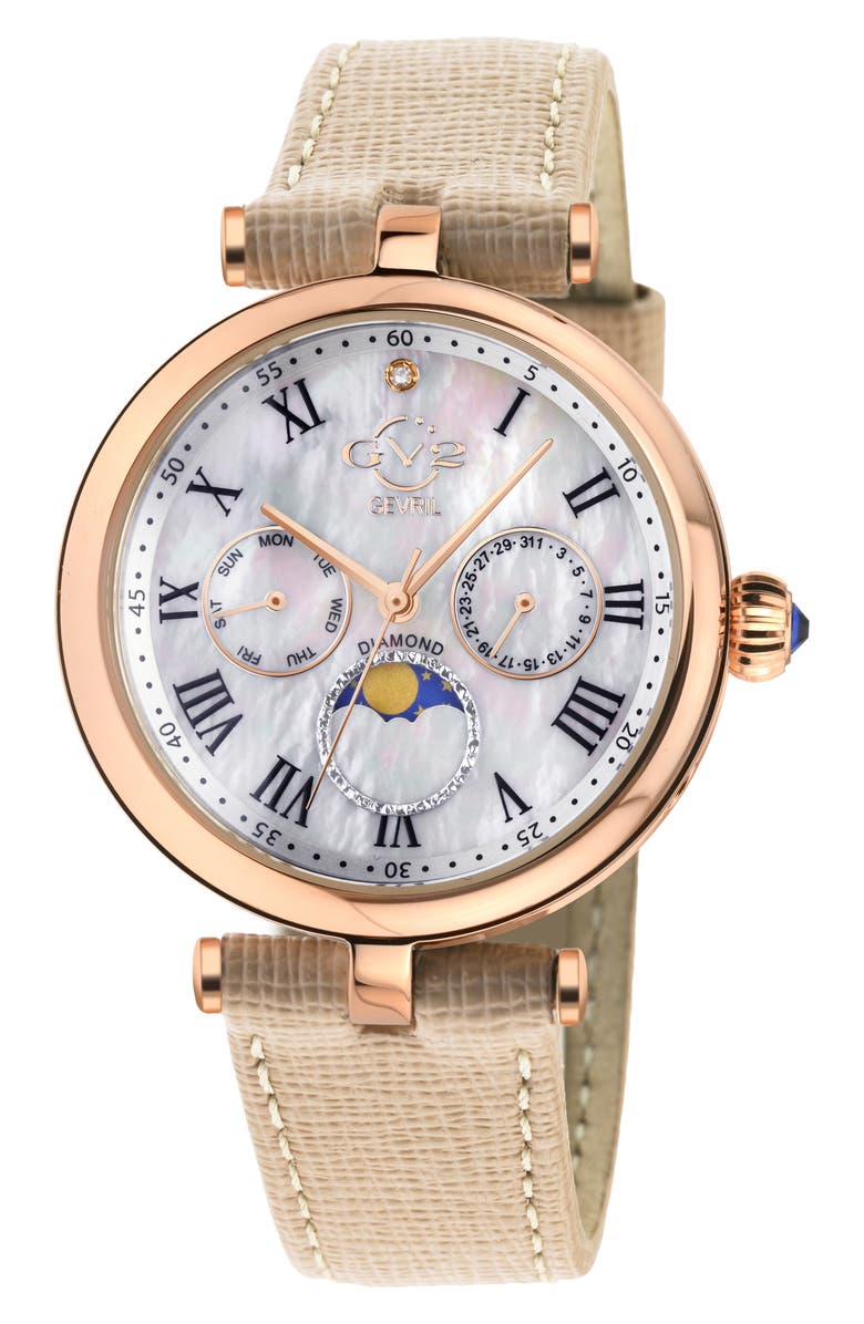 GV2 Florence Mother of Pearl Dial Diamond Leather Strap Watch, 36mm - 0.009ct., Main, color, Beige