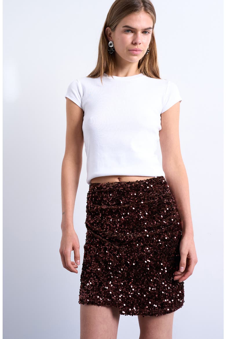 Sequin Velvet Miniskirt, Alternate, color, BROWN