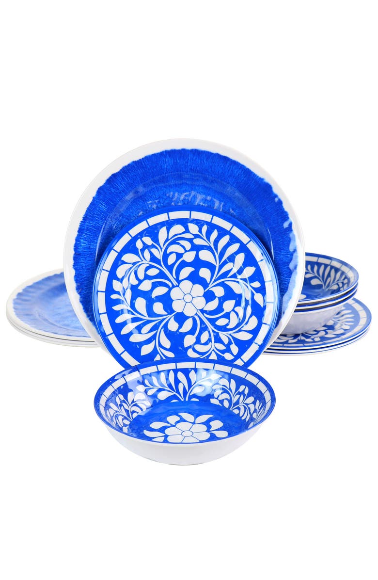 Elama Nelly 12 Piece Melamine Dinnerware Set, Main, color, Blue