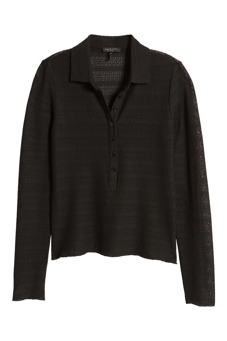 Julia Open Knit Long Sleeve Polo, Alternate, color, BLACK