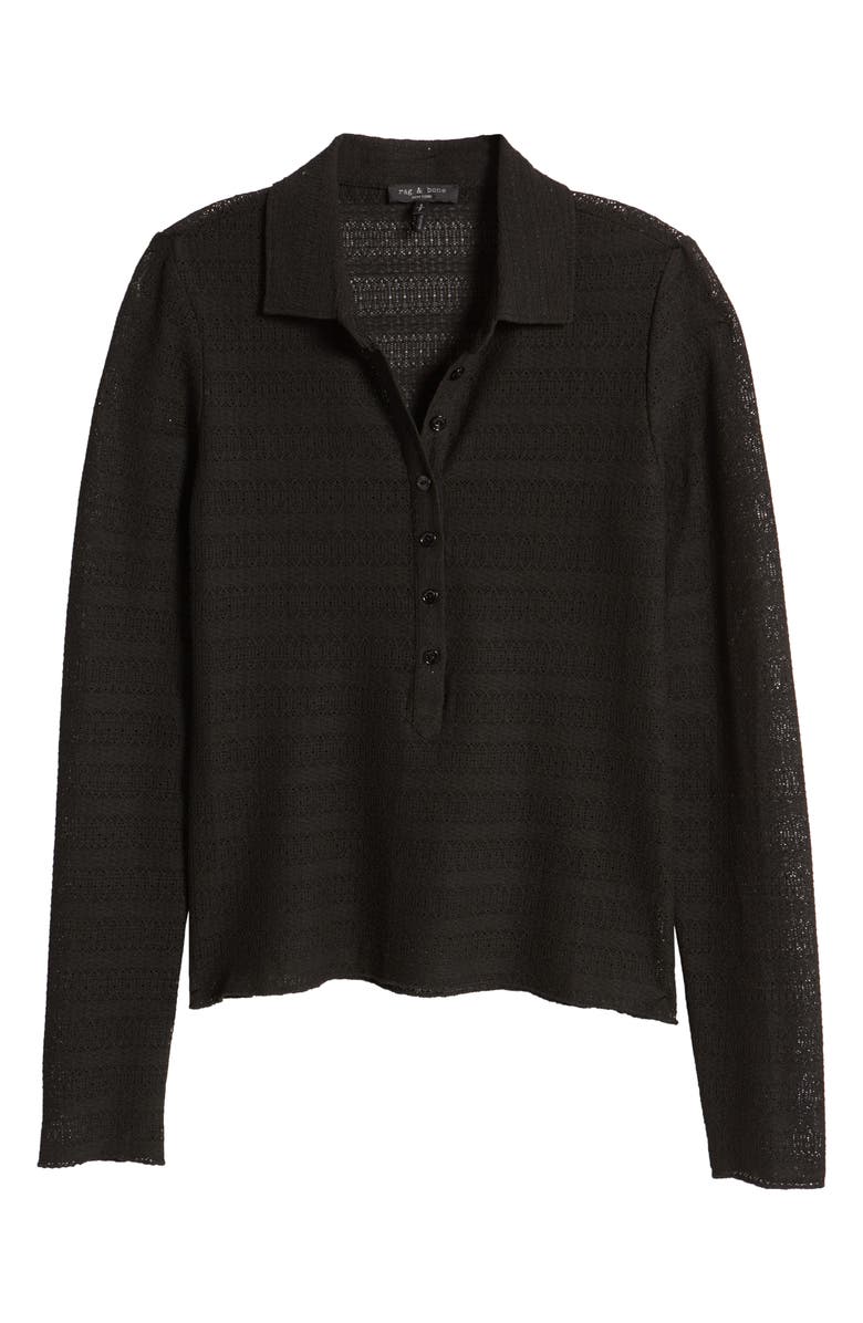 rag & bone Julia Open Knit Long Sleeve Polo, Alternate, color, Black