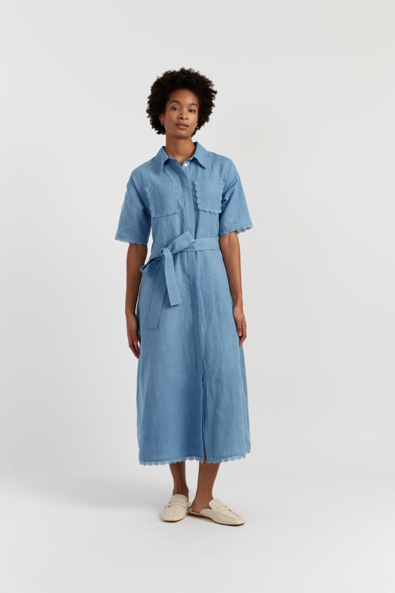 Linen-Blend Scallop Shirt Dress, Main, color, Dusty Blue