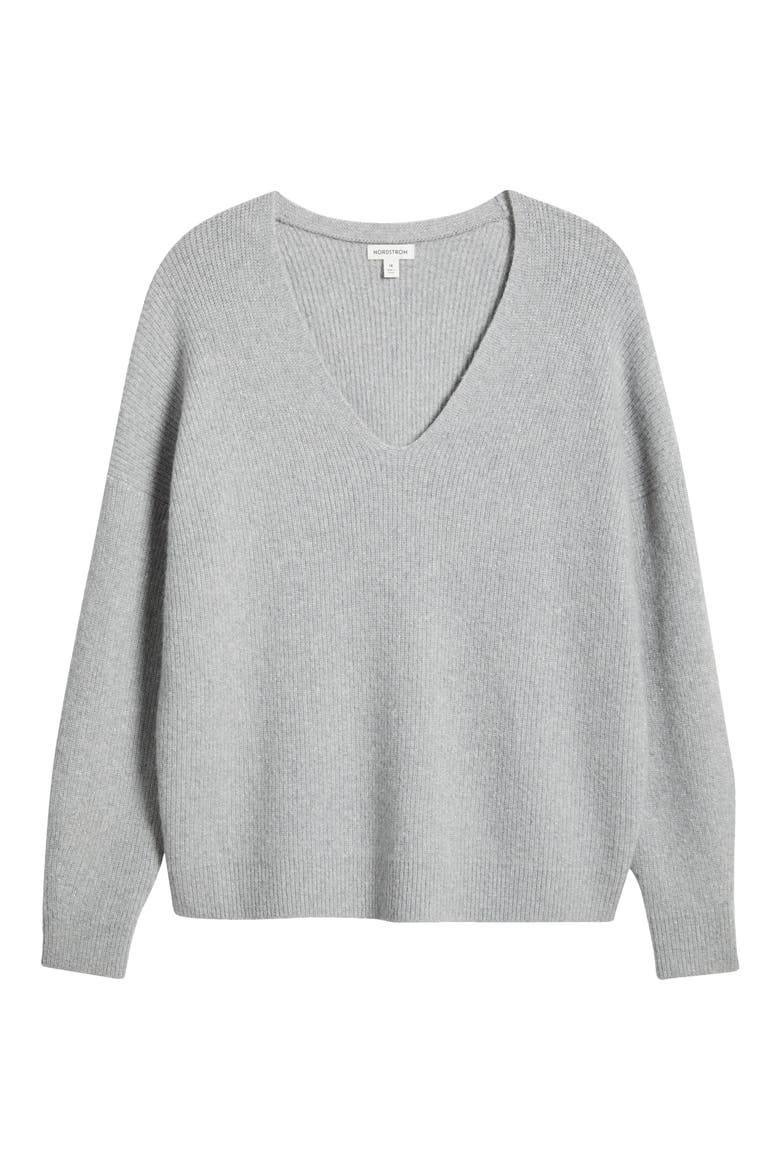 Sparkle V-Neck Sweater, Alternate, color, GREY HEATHER- SILVER LUREX