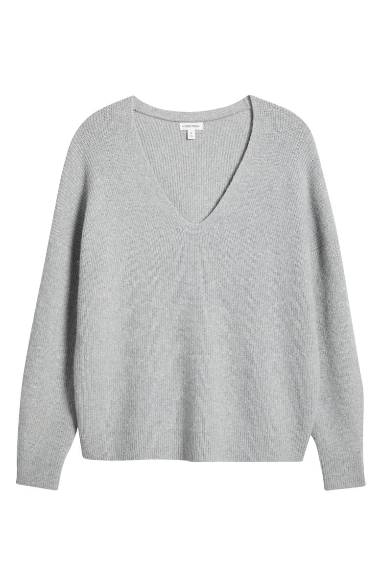 Nordstrom Sparkle V-Neck Sweater, Alternate, color, Grey Heather- Silver Lurex