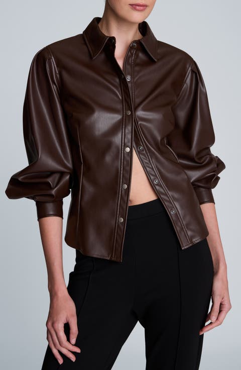 Pleated Faux Leather Snap Front Top