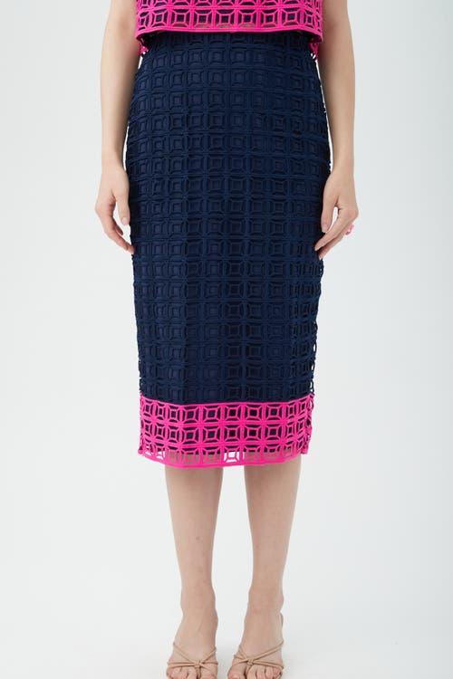 Trina Turk Dita 2 Colorblock Lace Midi Pencil Skirt In Indigo/petal Pink
