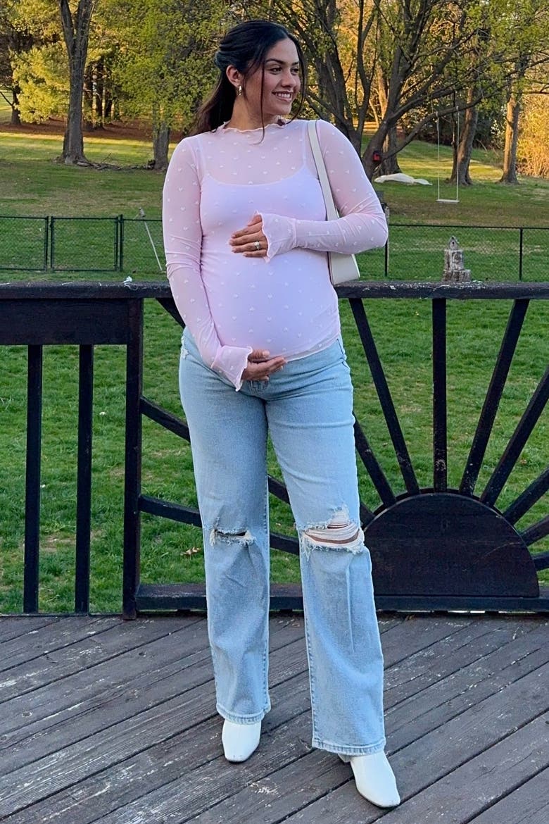 Mesh Heart High Neck Long Sleeve Top, Alternate, color, Light Pink