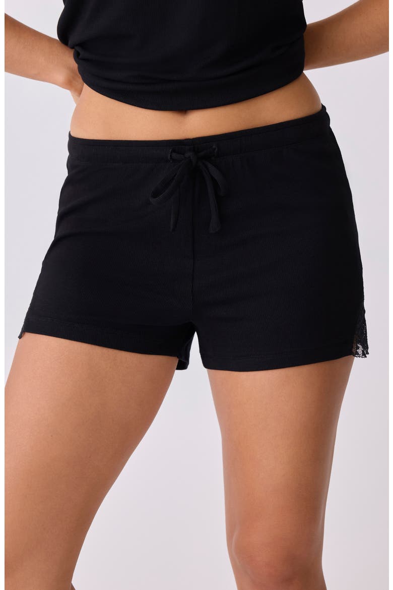 Lace Trim Rib Shorts, Main, color, BLACK