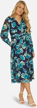 Yumi Floral V-Neck Long Sleeves Wrap Dress