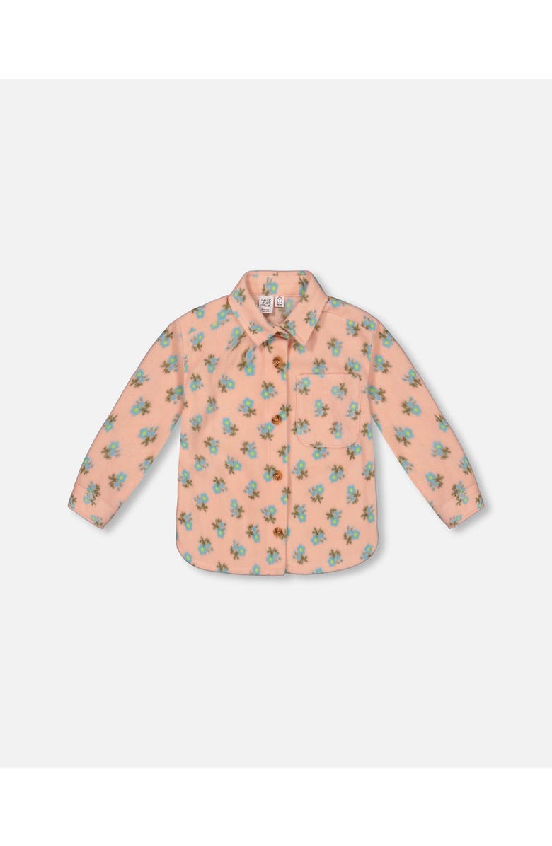 Deux par Deux Little Girl's Printed Polar Fleece Shirt Peach With Blue Flowers, Main, color, Printed Flowers
