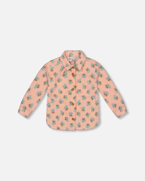 Little Girl's Printed Polar Fleece Shirt Peach With Blue Flowers