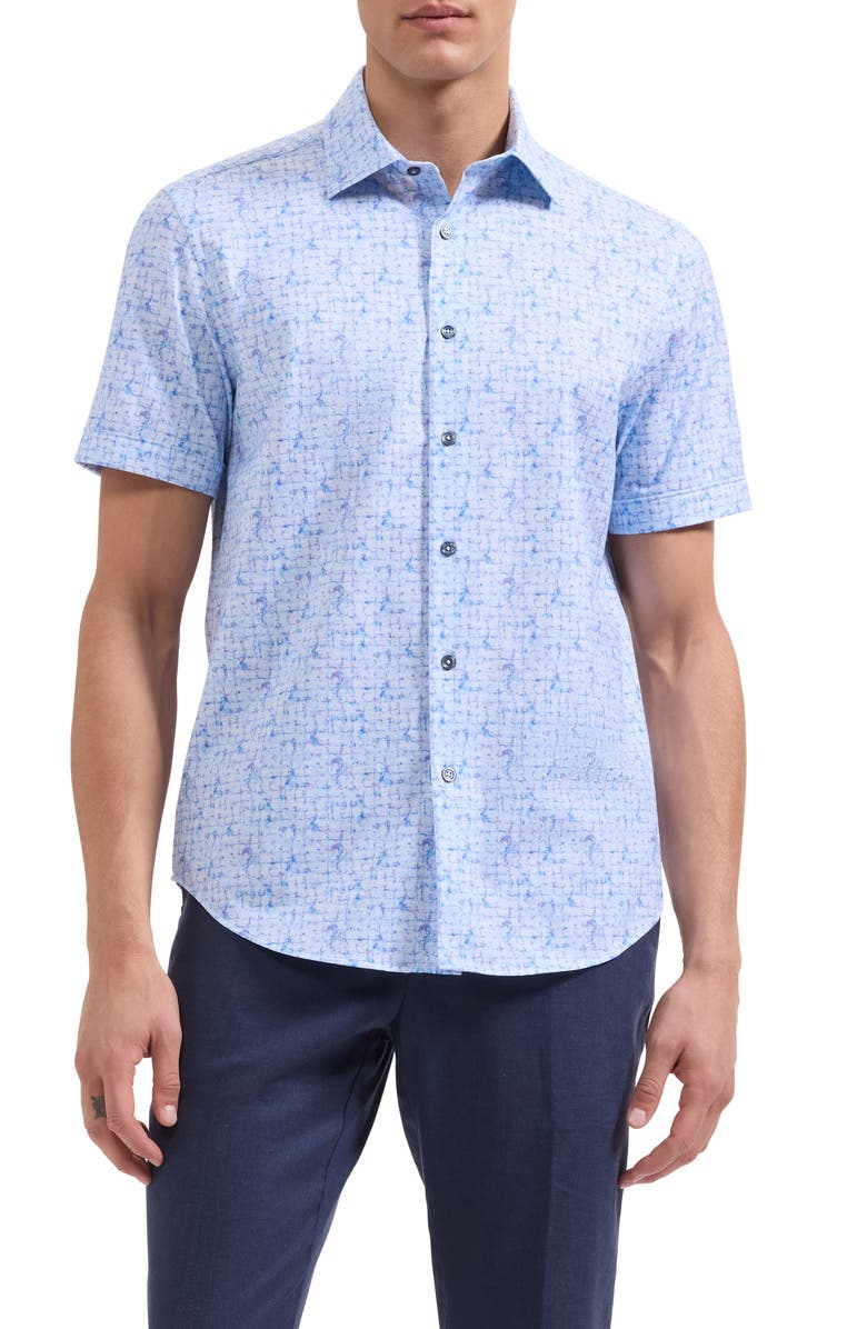 Bugatchi Miles OoohCotton<sup>®</sup> Abstract Print Short Sleeve Button-Up Shirt, Main, color, Iris