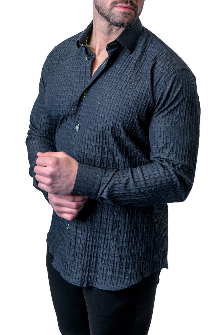 Fibonacci Textured Lines Black Button-Up Shirt, Alternate, color, BLACK