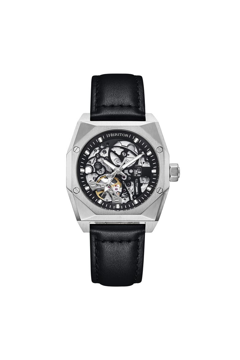 Elliott Leather-Band Watch, Main, color, Silver/Black/Black
