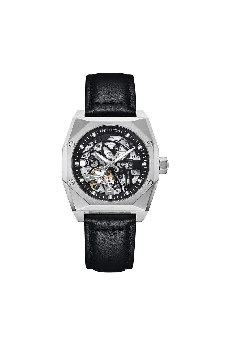 Heritor Automatic Elliott Leather-Band Watch, Main, color, Silver/Black/Black
