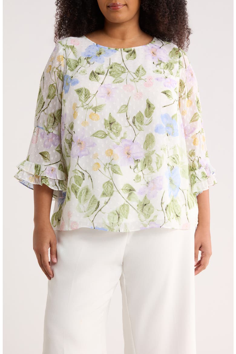 Floral Print Ruffle Sleeve Shirt, Main, color, LILY WHITE MULTI