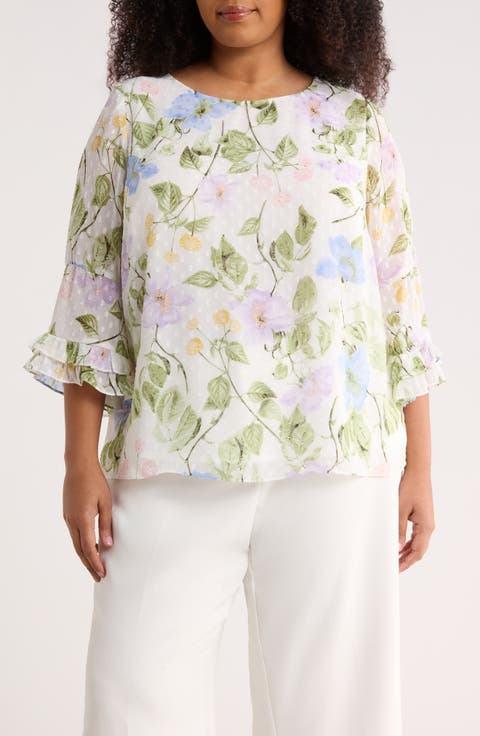 Floral Print Ruffle Sleeve Shirt (Plus)