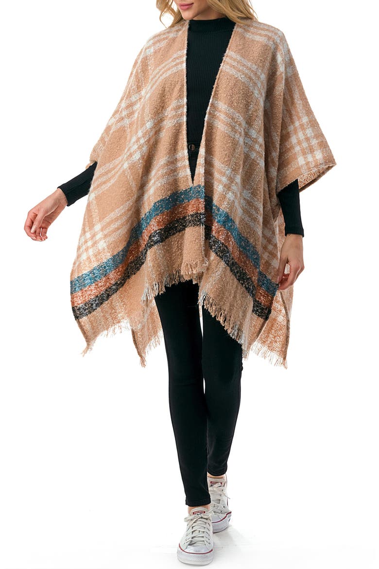 Plaid Fringe Ruana, Main, color, BROWN