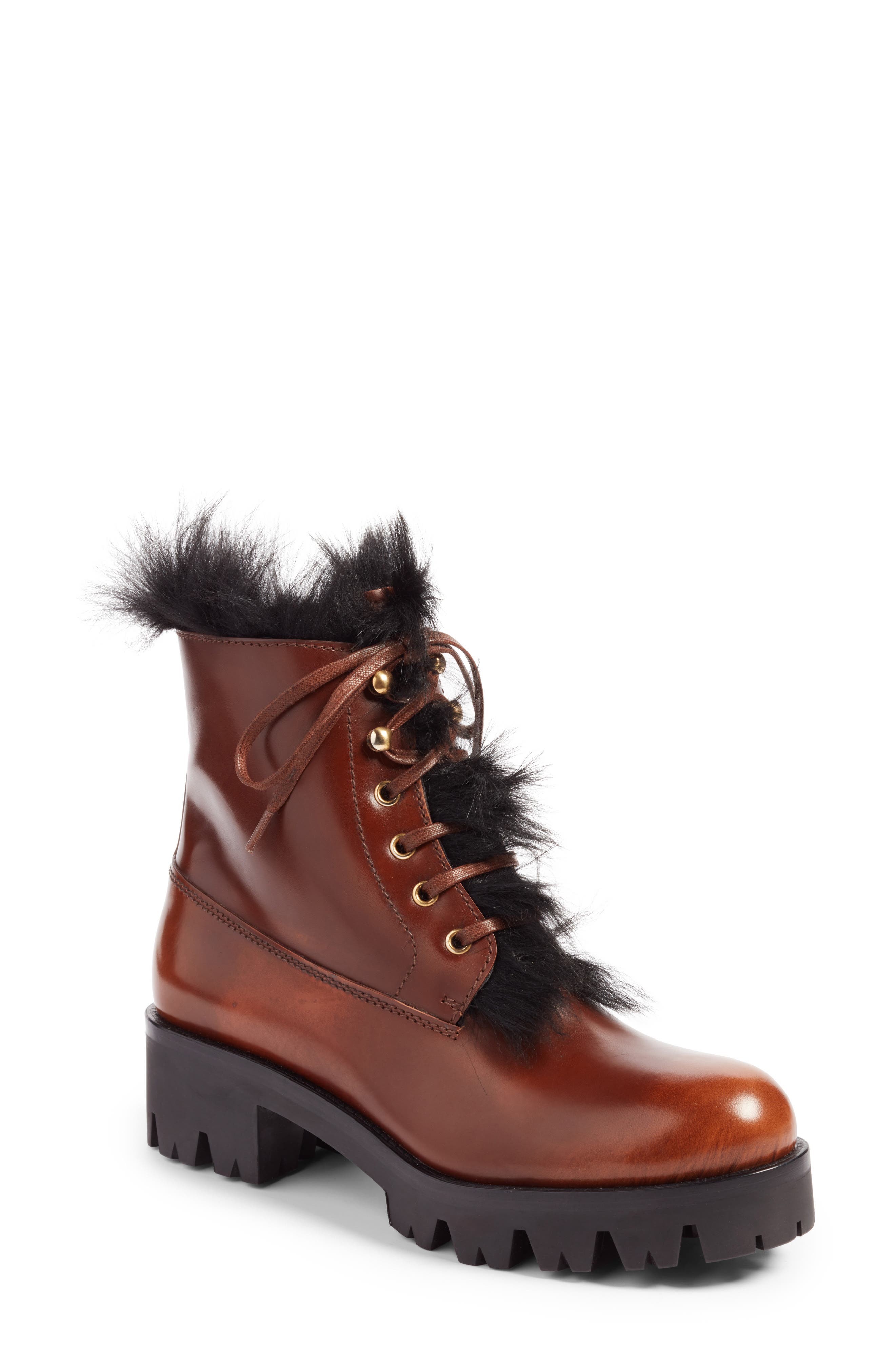 Prada Calfskin Boot with Genuine Shearling Trim, Main, color, 