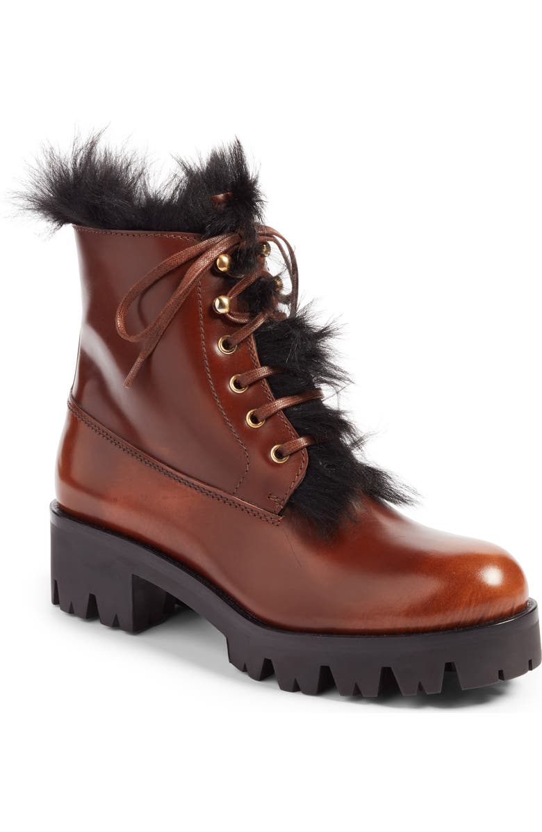 Prada Calfskin Boot with Genuine Shearling Trim, Main, color,