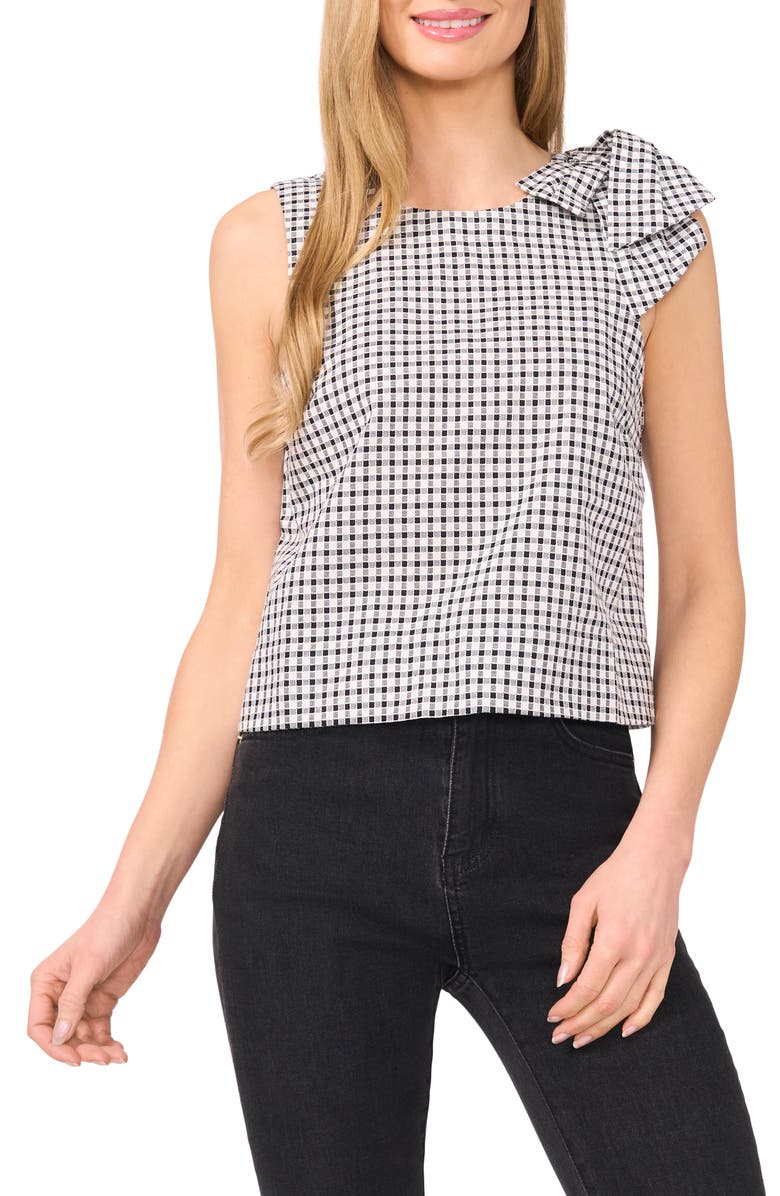 CeCe Gingham Bow Shoulder Top, Main, color, Rich Black