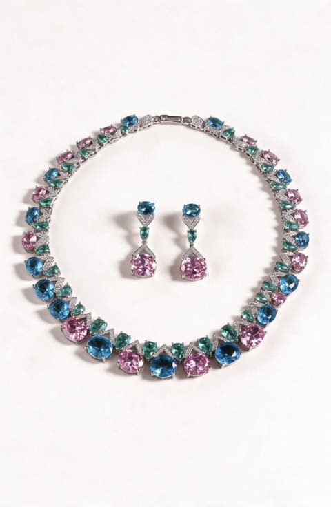 Silver Tone Crystal Necklace And Earring Set
