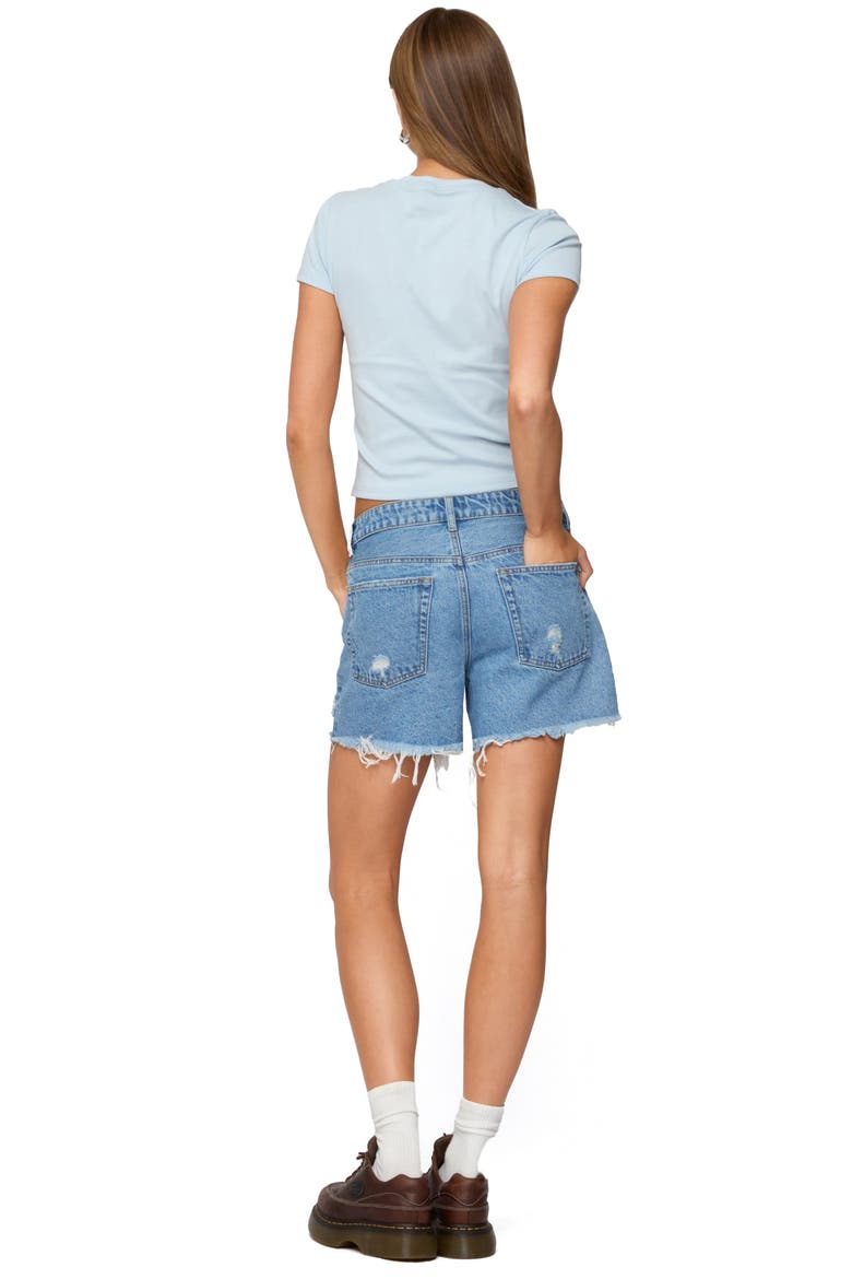 Cale Distressed Low RIse Cutoff Denim Shorts, Alternate, color, BLUE-WASHED