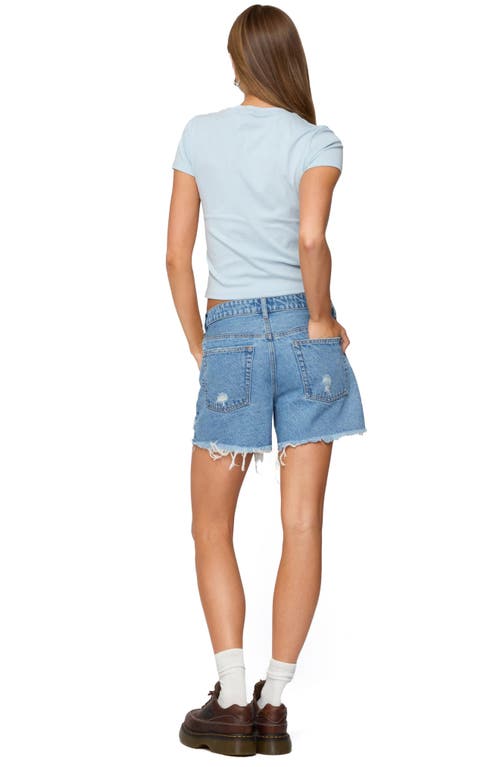 Edikted Cale Distressed Low Rise Cutoff Denim Shorts In Blue