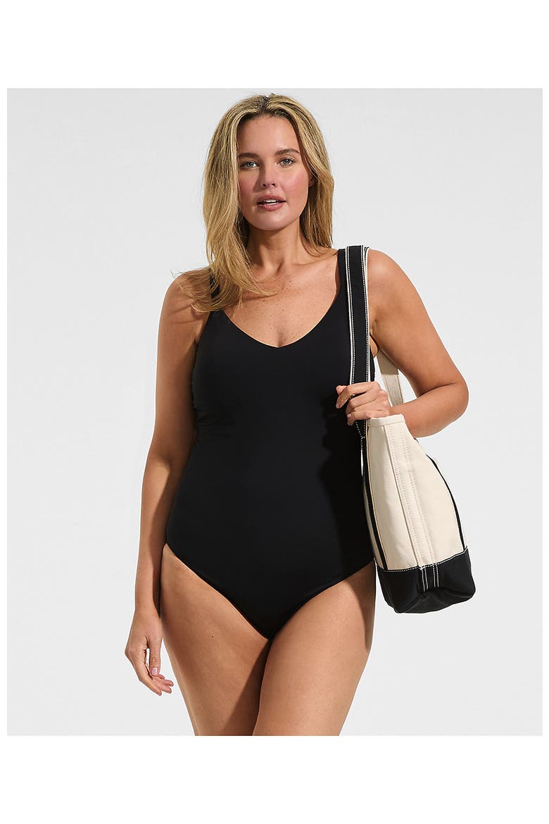 Plus Size V-Neck High Leg Strappy Back One Piece, Alternate, color, Black