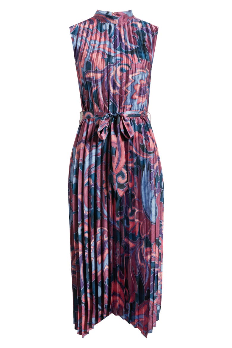 Print Pleated Tie Waist Midi Dress, Alternate, color, MAUVE MULTI
