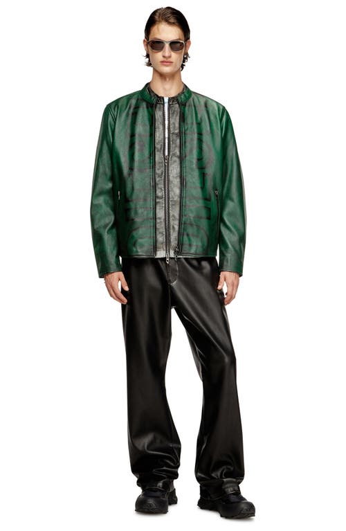 Diesel Treated Leather Biker Jacket With Faded Logo In Green