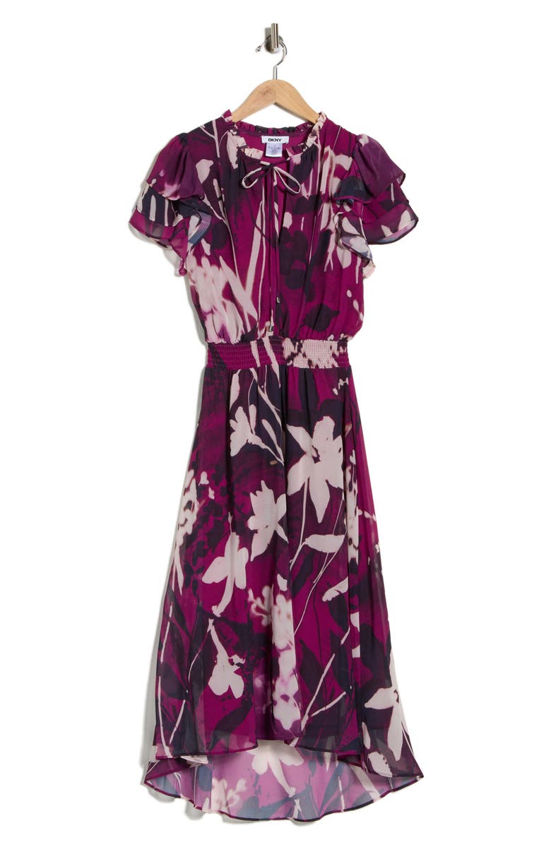 DKNY Floral Flutter Sleeve Chiffon High-Low Dress, Alternate, color, African Violet