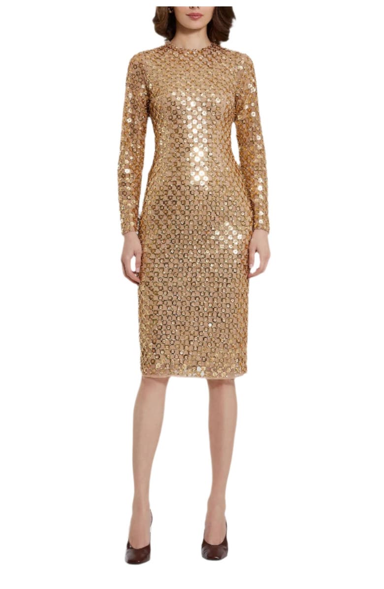 Mac Duggal Beaded Georgette Long Sleeve Fitted Midi Dress, Main, color, Antique Gold