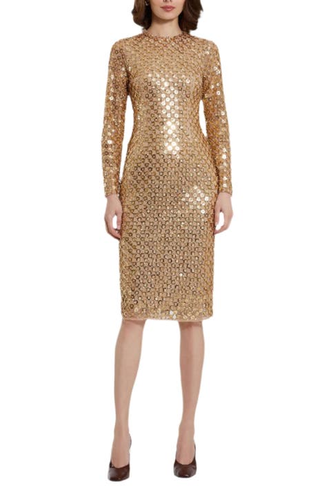 Beaded Georgette Long Sleeve Fitted Midi Dress