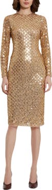 Mac Duggal Beaded Georgette Long Sleeve Fitted Midi Dress