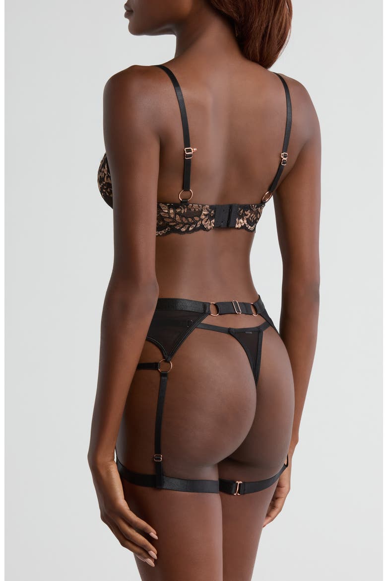 Strappy Underwire Bra, Thong & Garter Belt Set, Alternate, color, BLACK