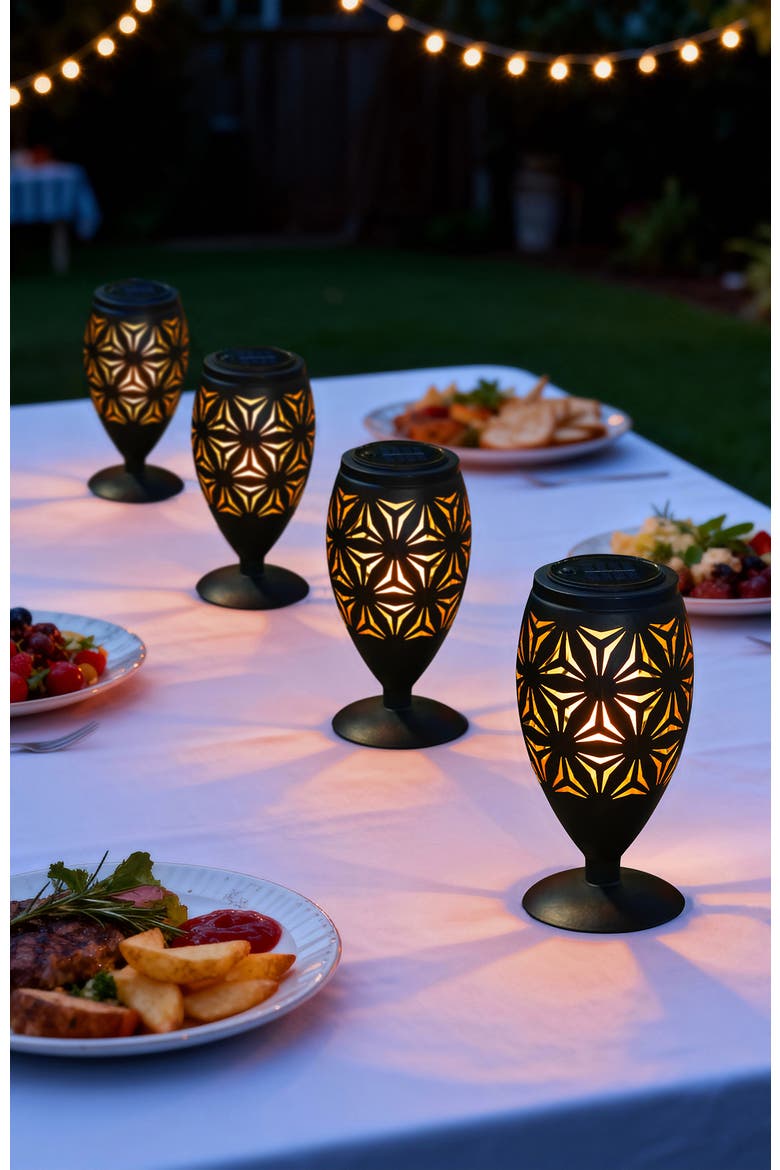 Set of 2 Metal Cutout Geometric Pattern Solar Powered Outdoor Lantern with LED Light, Alternate, color, Black
