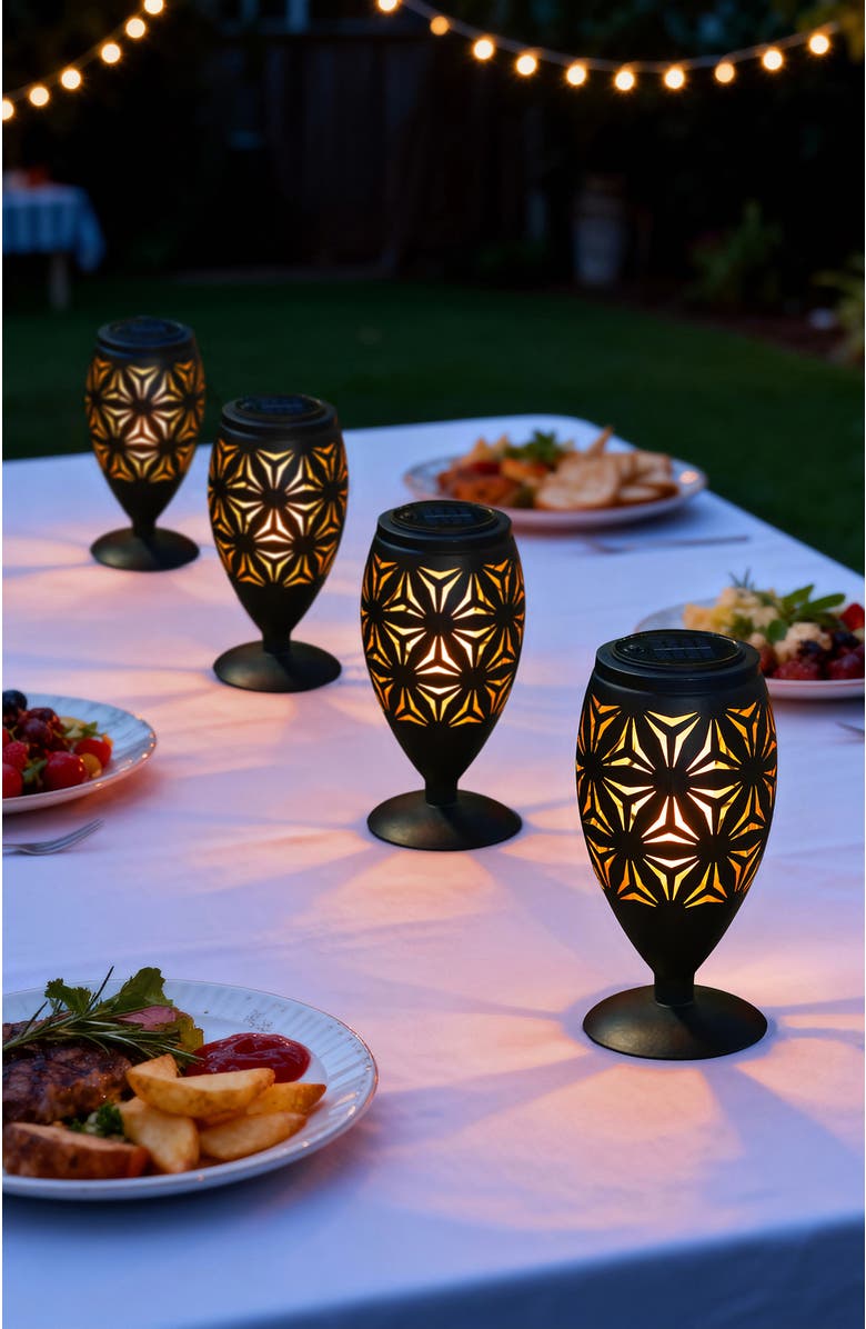 Glitzhome Set of 2 Metal Cutout Geometric Pattern Solar Powered Outdoor Lantern with LED Light, Alternate, color, Black