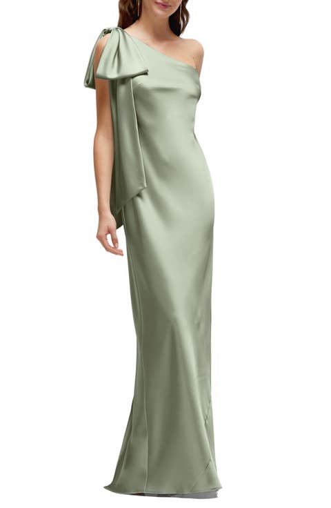Bow Detail One-Shoulder Stretch Satin Charmeuse Gown