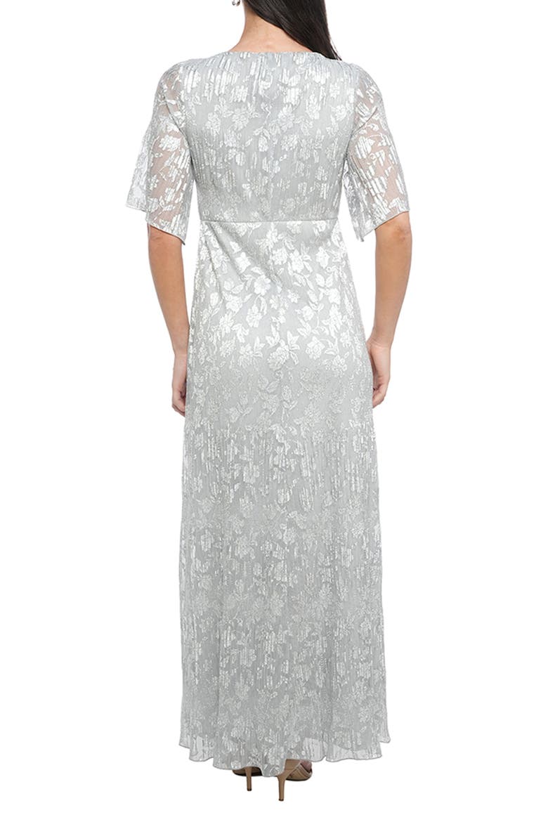 Metallic Flower Plissé Gown, Alternate, color, SILVER